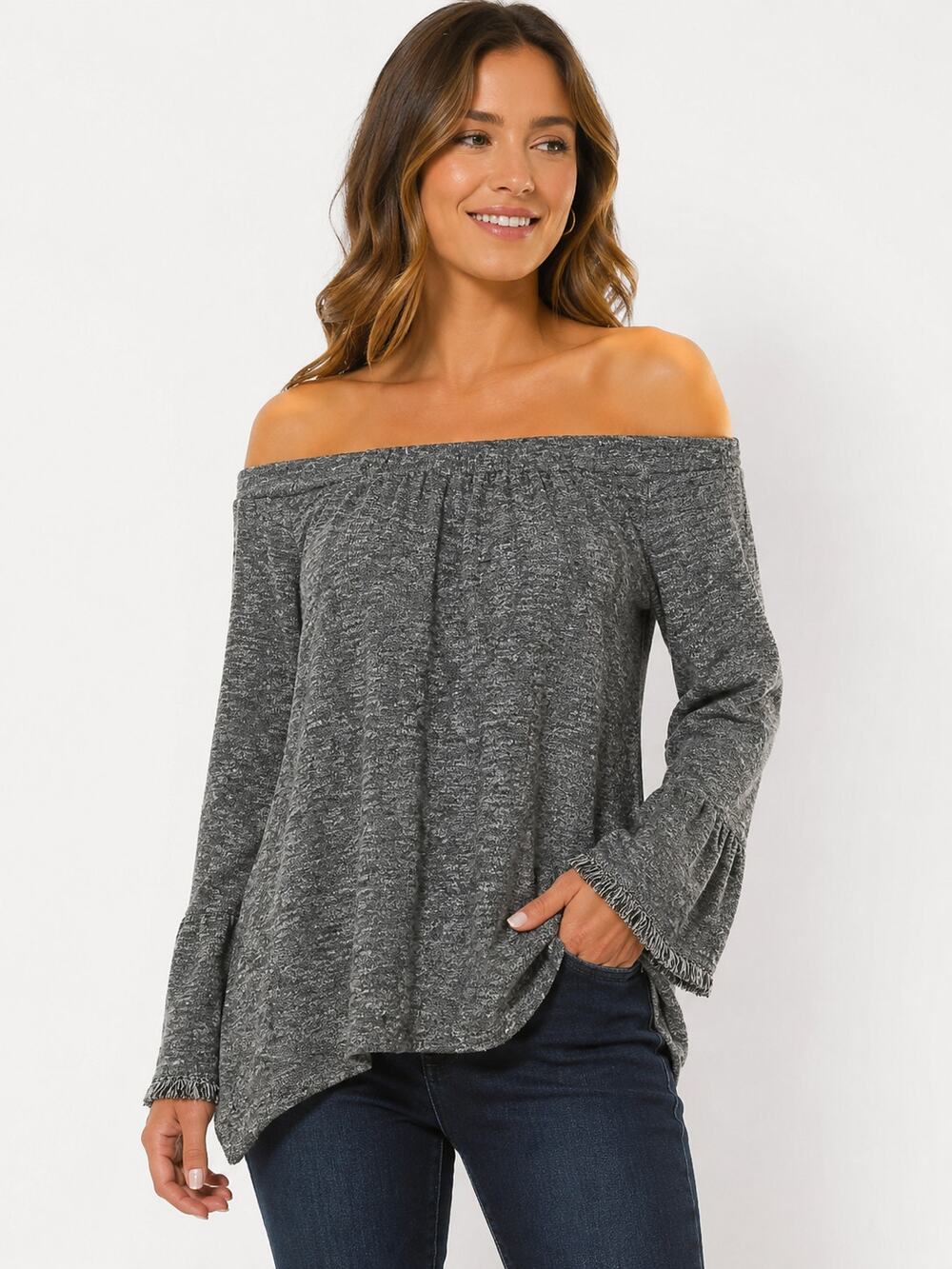 THML Womens Sweater Knit Top Size M Elastic Off Shoulder Frayed Bell Sleeve Gray